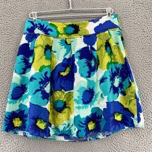 LOFT Skirt Women 6 Blue Green Multi Floral Linen Blend Mini Pleat Casual Beach*